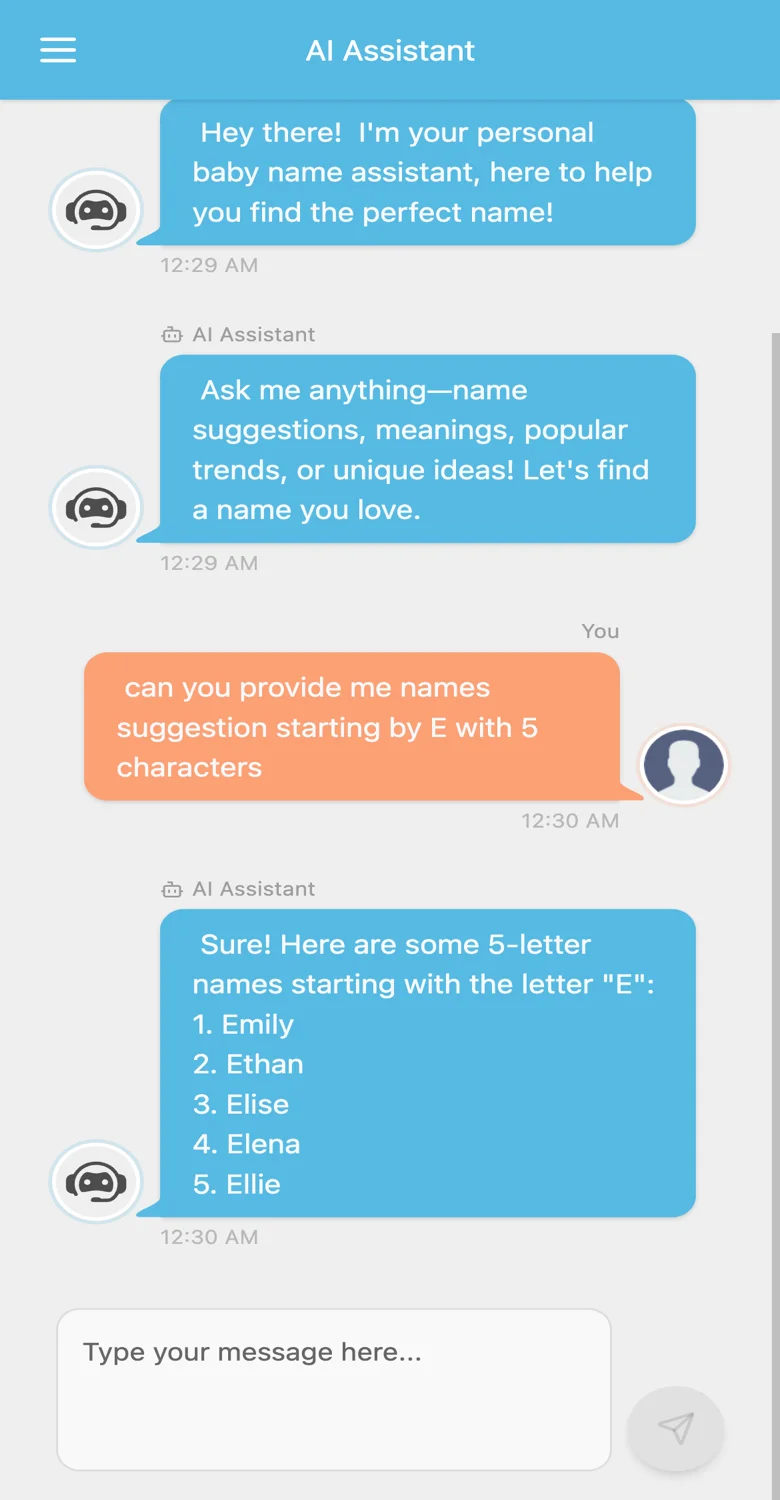 Escribiendo una solicitud al asistente IA para sugerencias de nombres de bebé
