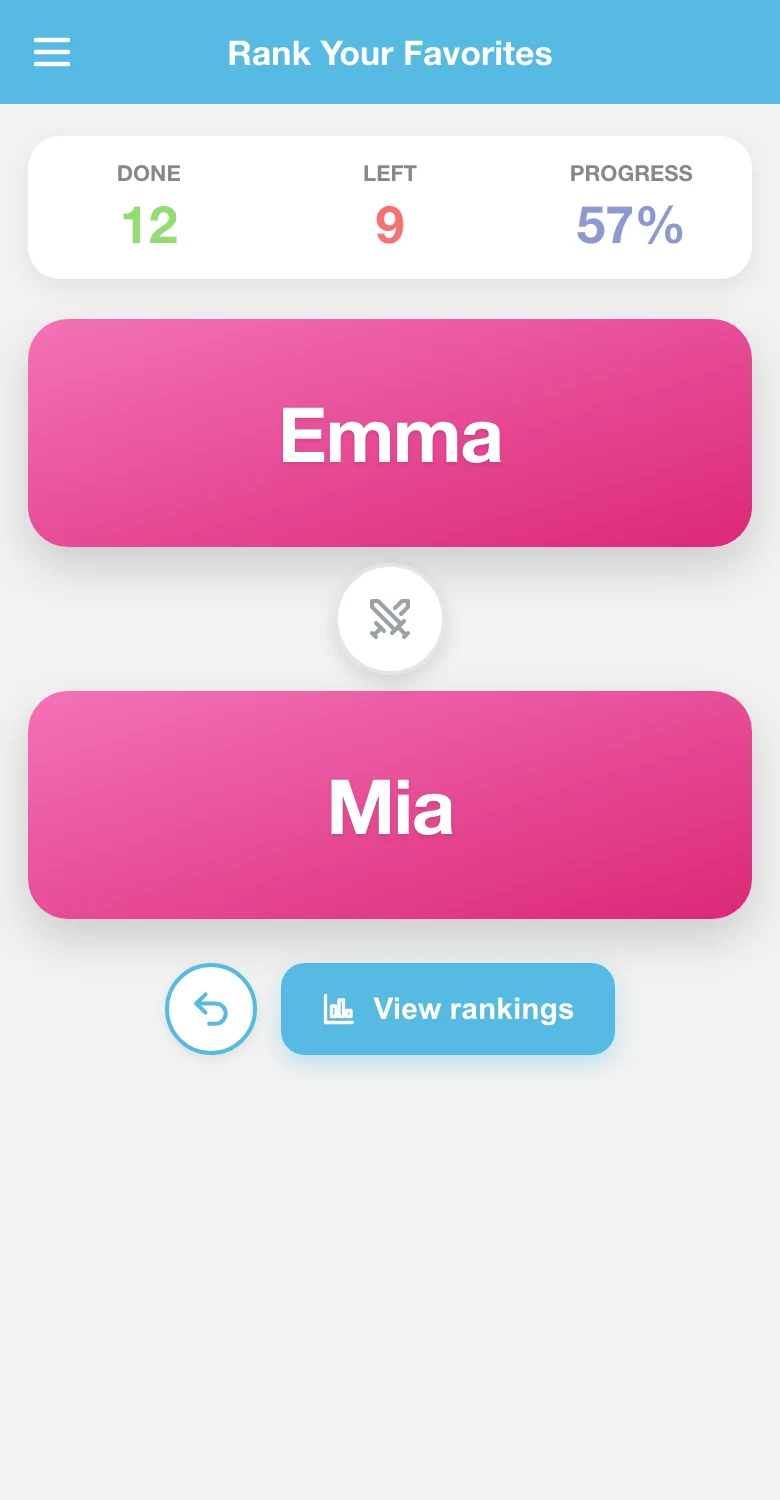 Dos nombres de bebé enfrentados cara a cara en el modo Battle