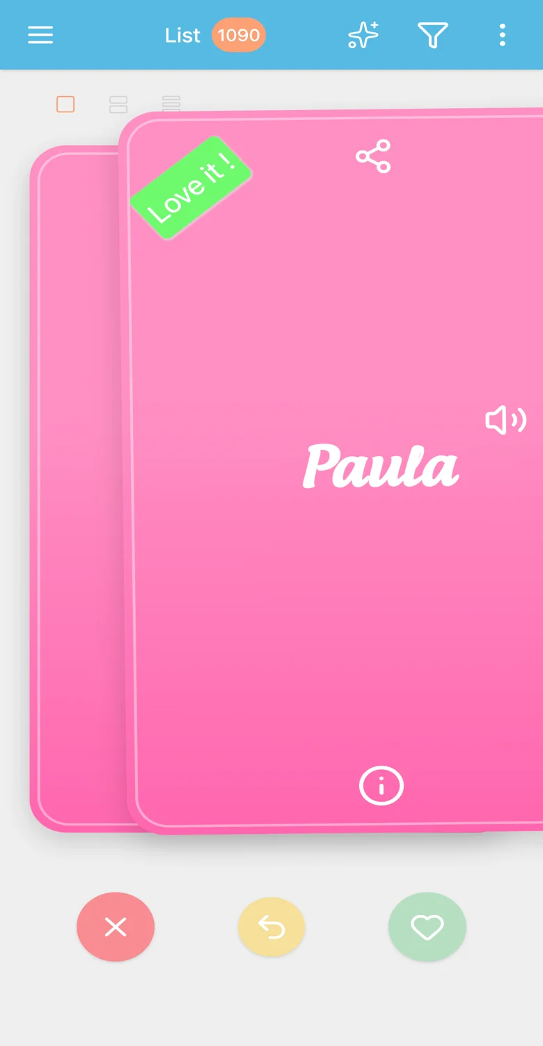 Deslizando tarjetas de nombres de bebé en la app Baby Name Together