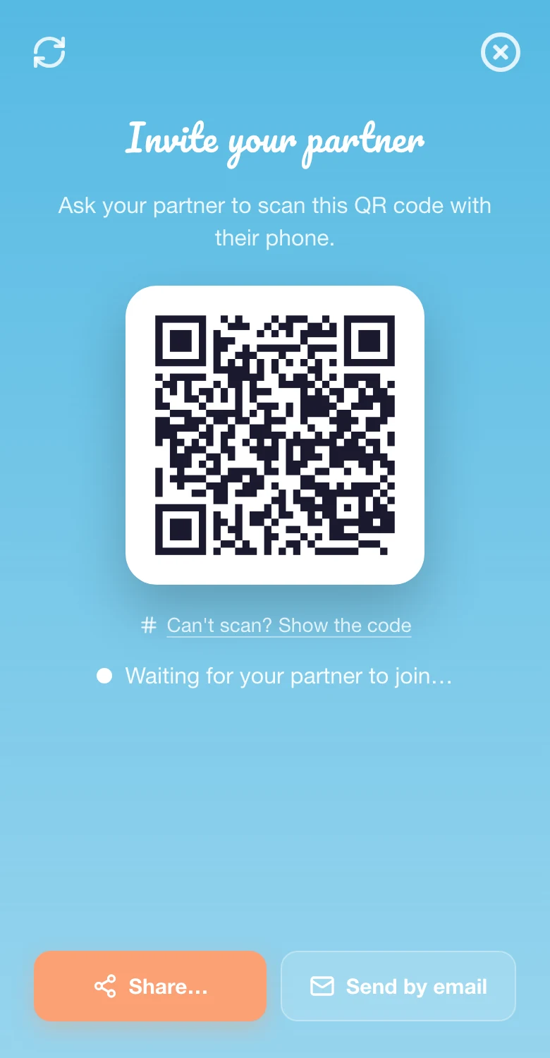 Código QR de invitación de pareja en los Ajustes de Un Nombre de Bebé Juntos
