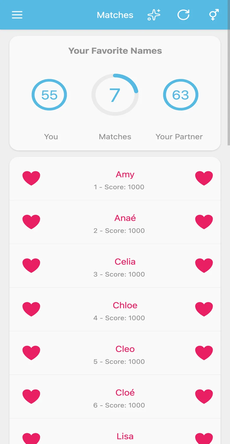 Página de resultados de Match mostrando nombres de bebé en común entre la pareja