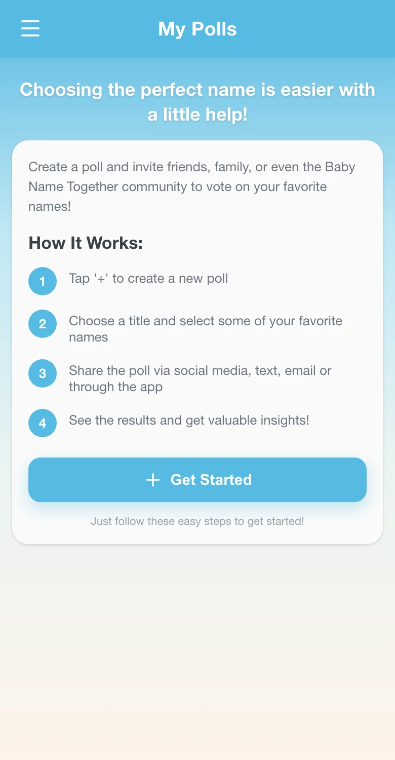 Abriendo la pantalla de encuestas en la app Un Nombre de Bebé Juntos