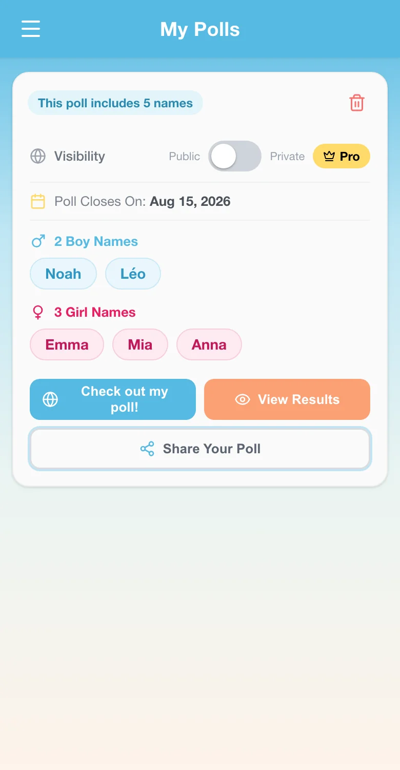 Compartiendo una encuesta de nombres a través de la app Un Nombre de Bebé Juntos